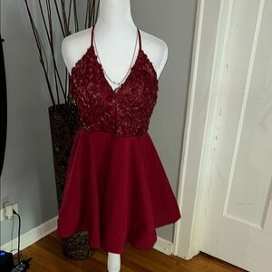 Luxxel Deep Red Floral Halter Dress